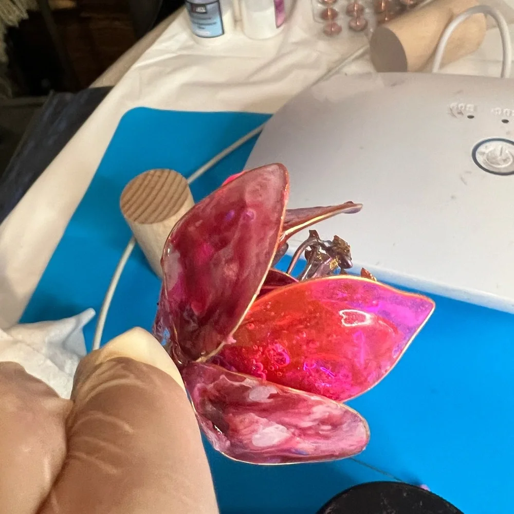 Hand Crafted Red Glass Floral Accent with Gold Detail